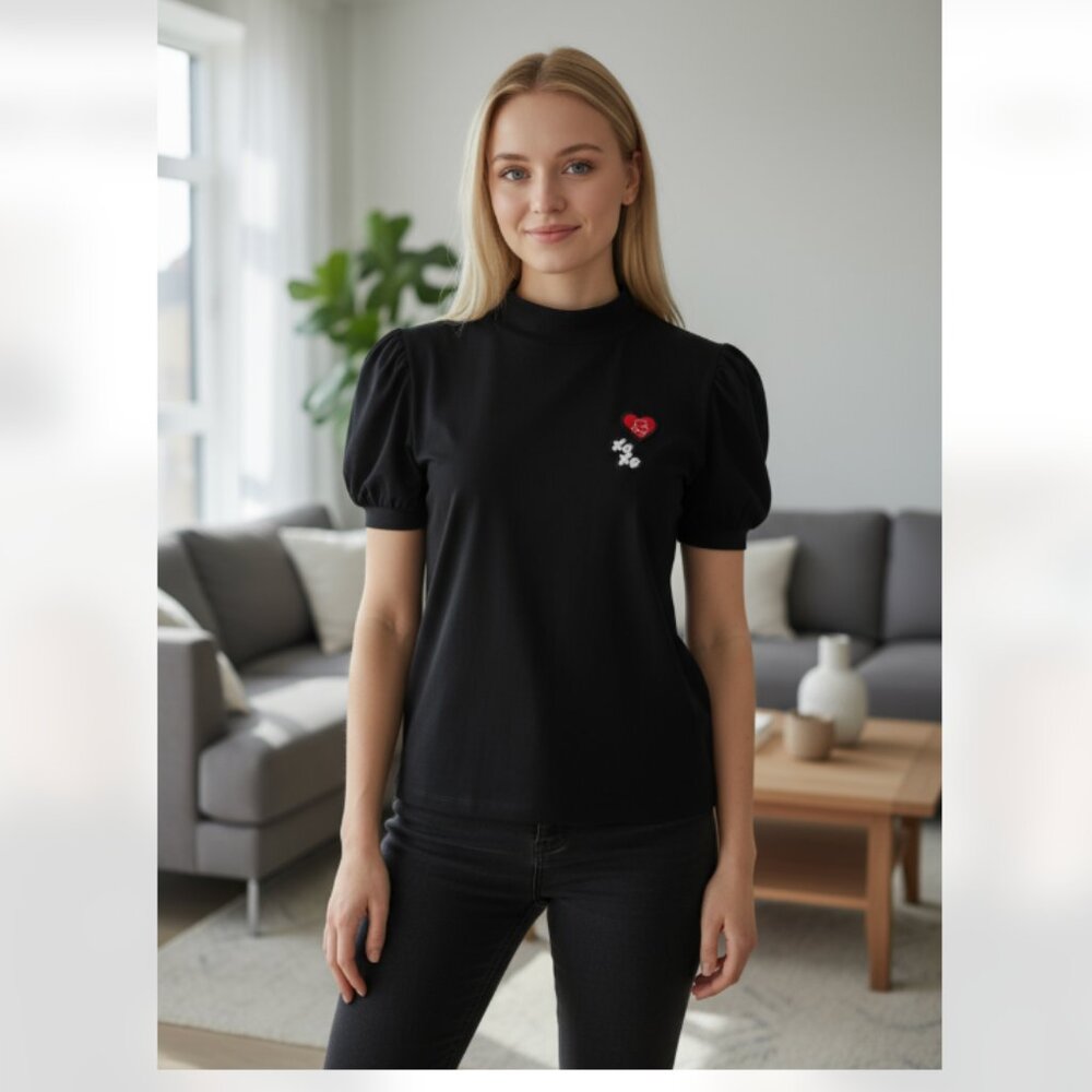 NWT KARL LAGERFELD Mock Neck Puff Sleeve Heart Patch XoXo Top Black